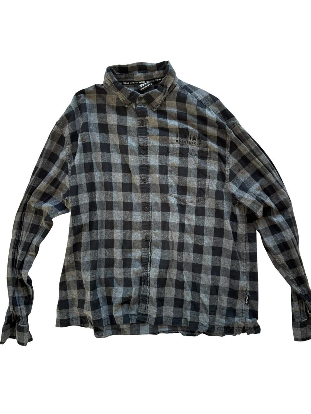 Indian Motorcycle Buffalo Plaid Flannel Shirt Men’s 2XL Gray Black Button Up Bik